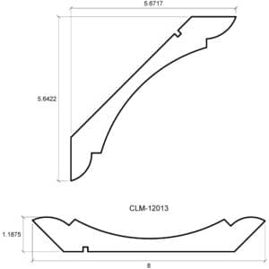 A drawing of the side view and front view of a curved piece.